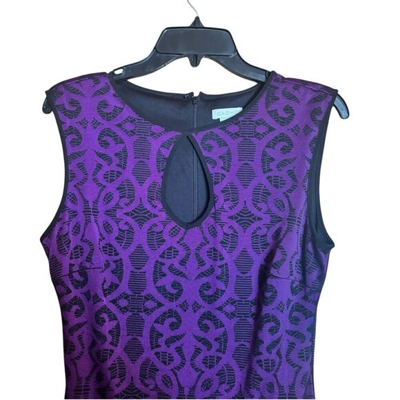 CACHE Bodycon Cocktail Dress 10 Purple Black Paisley Print Lined Sleeveless - Picture 2 of 7
